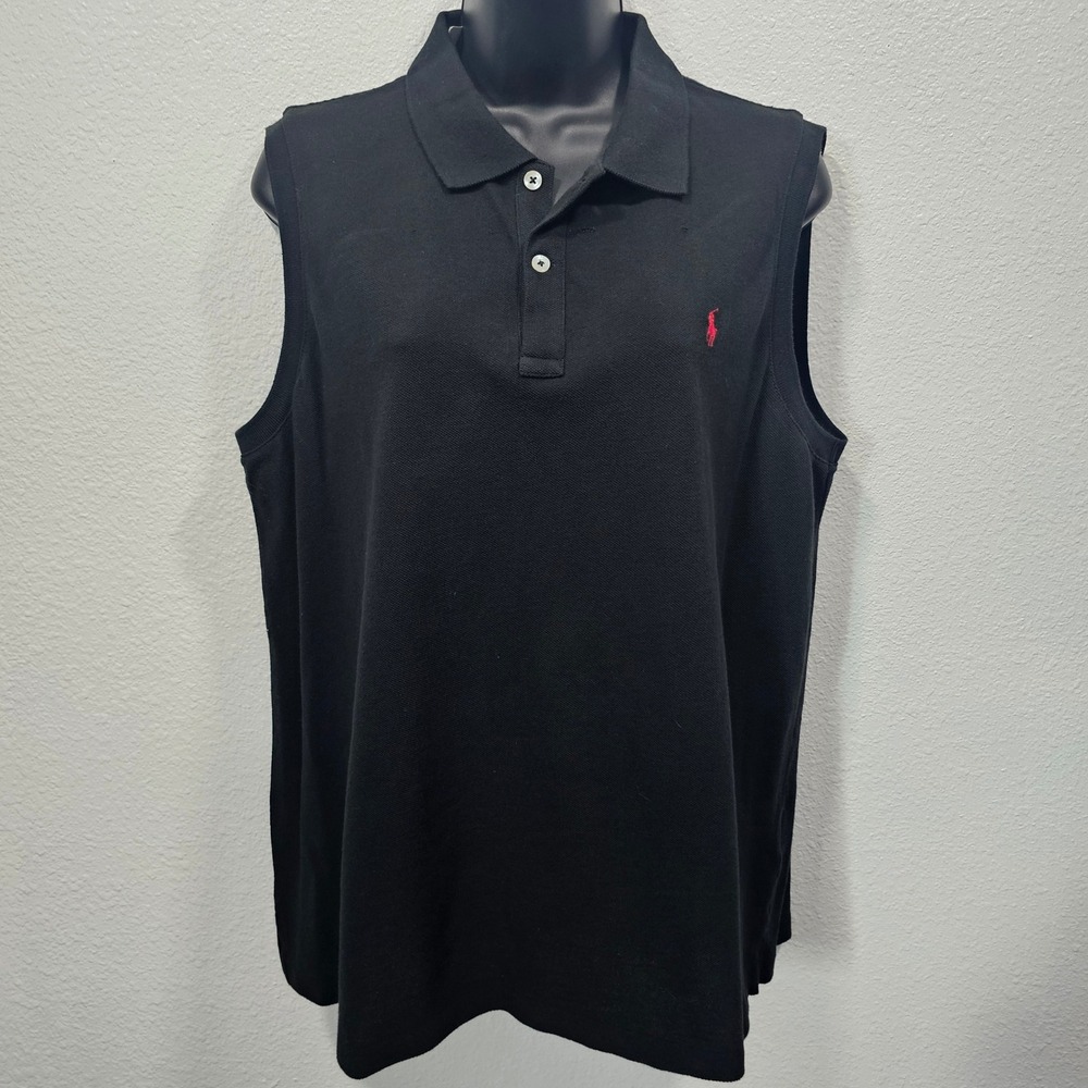 Ralph Lauren Sport Womens XL Black Sleeveless Polo Shirt Pique Cotton Red Pony